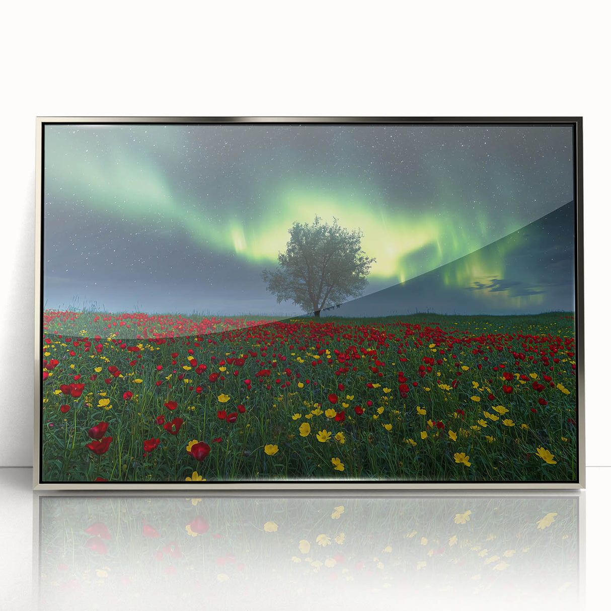 Framed acrylic artwork showcasing a serene landscape with lush green fields and a clear blue sky, elegantly designed in a silver frame, ideal for home decor.