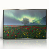 Framed acrylic artwork showcasing a serene landscape with lush green fields and a clear blue sky, elegantly designed in a silver frame, ideal for home decor.