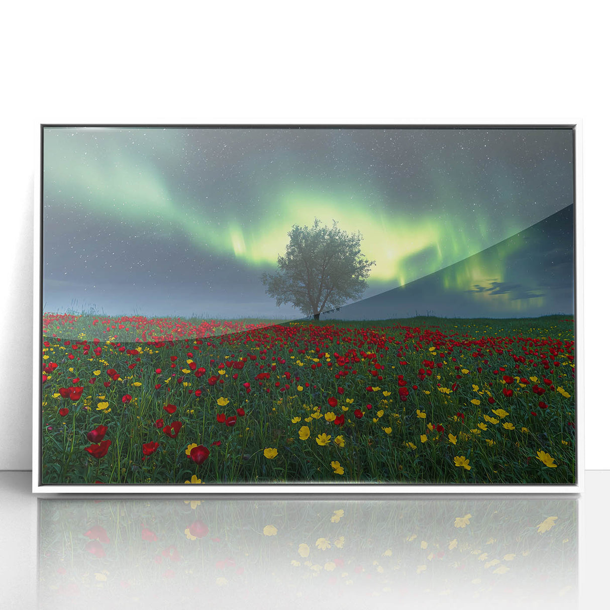 Framed acrylic wall art depicting vibrant landscapes with lush green fields and a clear blue sky, set in a sleek white frame, ideal for home decor.