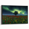 Framed canvas artwork displaying a vibrant landscape of rolling fields, featuring rich greens and yellows, set against a sleek black frame for modern home decor. Perfect for enhancing living spaces with a touch of nature-inspired elegance.