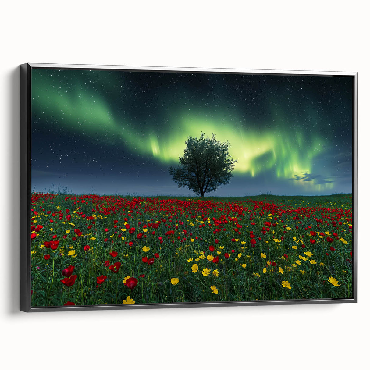 Framed canvas artwork displaying a vibrant landscape of rolling fields, featuring rich greens and yellows, set against a sleek black frame for modern home decor. Perfect for enhancing living spaces with a touch of nature-inspired elegance.
