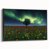 Framed canvas artwork displaying a vibrant landscape of rolling fields, featuring rich greens and yellows, set against a sleek black frame for modern home decor. Perfect for enhancing living spaces with a touch of nature-inspired elegance.