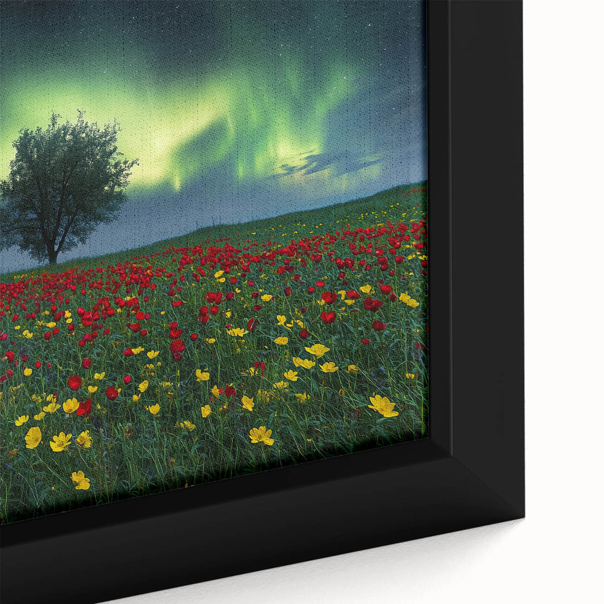 Close-up of a vibrant framed canvas artwork depicting a serene landscape of lush green fields under a blue sky, showcasing intricate details and textures. Ideal for home decor or art enthusiasts.