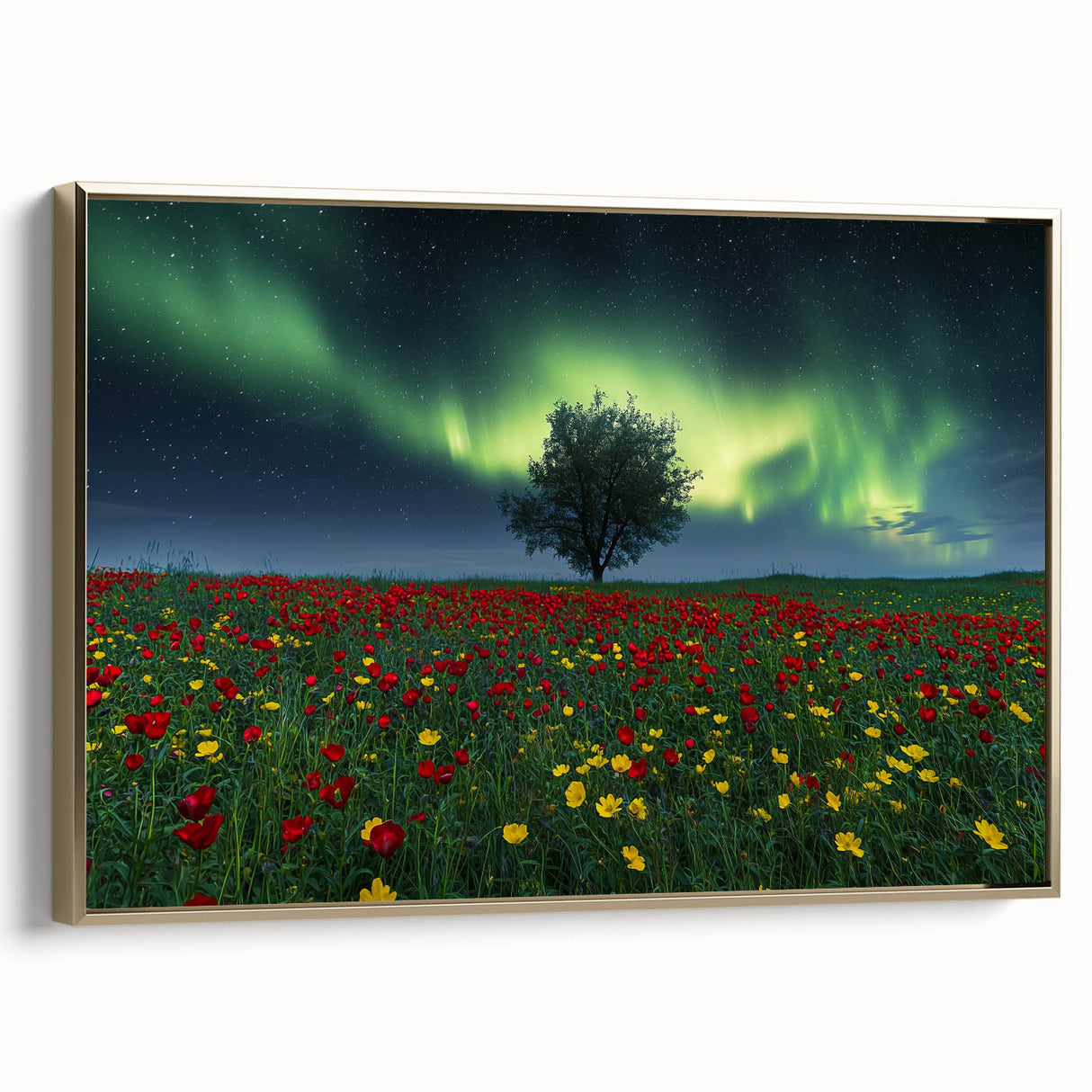 Framed canvas artwork showcasing a vibrant landscape of golden fields, presented from the side view, emphasizing its elegant design and rich colors. Perfect for enhancing home decor.