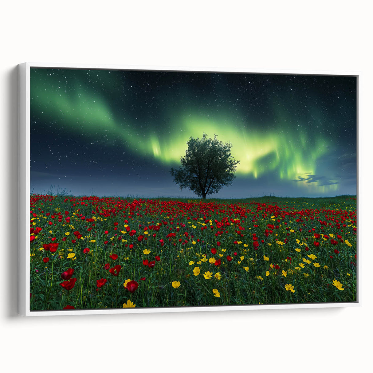 Framed canvas artwork depicting serene landscapes and fields, featuring a white frame design and side view perspective, ideal for home or office decor.