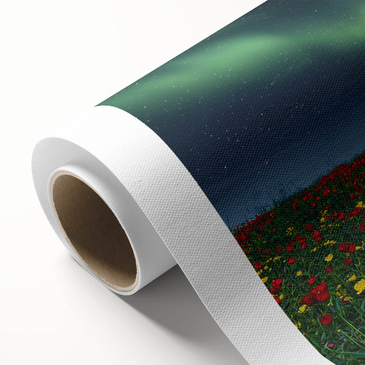 Vibrant rolled canvas art depicting a serene landscape with rolling fields under a blue sky, showcasing lush green tones and subtle details, perfect for home decor.