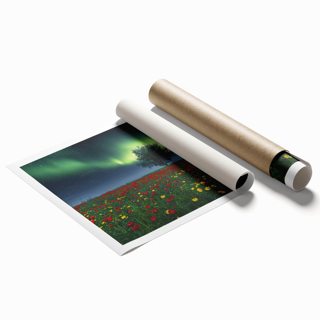 Vibrant rolled print of a serene landscape featuring lush green fields under a clear blue sky, packaged in a protective cardboard tube for easy transport.