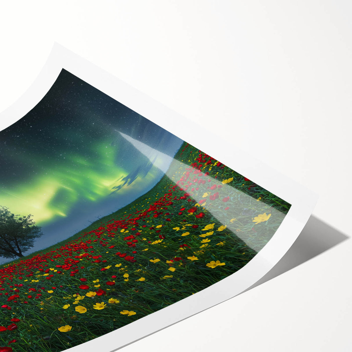 Vibrant rolled canvas print showcasing a serene landscape with lush green fields under a clear blue sky, ideal for home decor or office spaces.