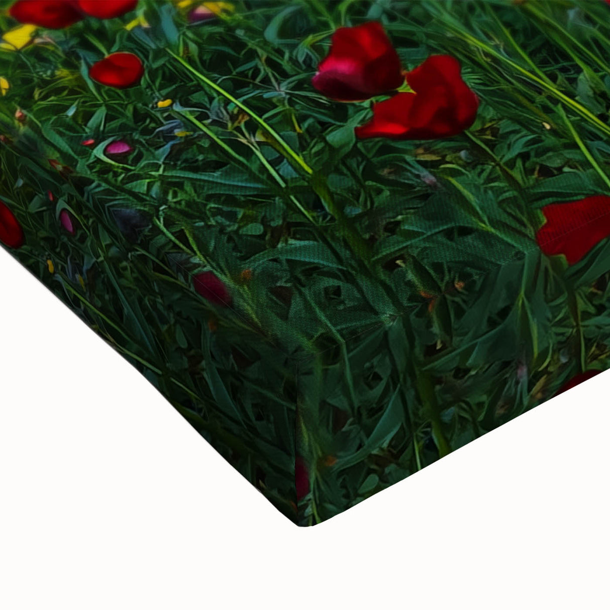 Close-up of a stretched canvas showcasing vibrant landscape fields with rich green and golden hues, perfect for adding natural beauty to home decor.