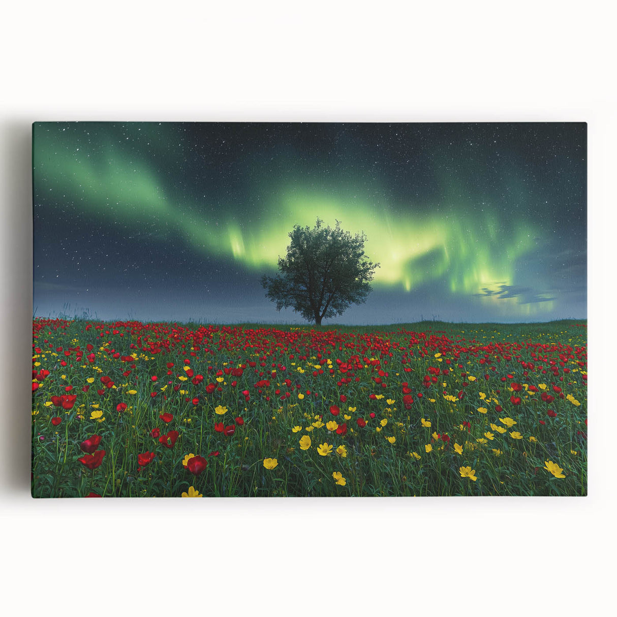 Vibrant stretched canvas artwork depicting a serene landscape with rolling green fields, blue skies, and fluffy white clouds, perfect for home decor or office ambiance.