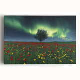 Vibrant stretched canvas artwork depicting a serene landscape with rolling green fields, blue skies, and fluffy white clouds, perfect for home decor or office ambiance.