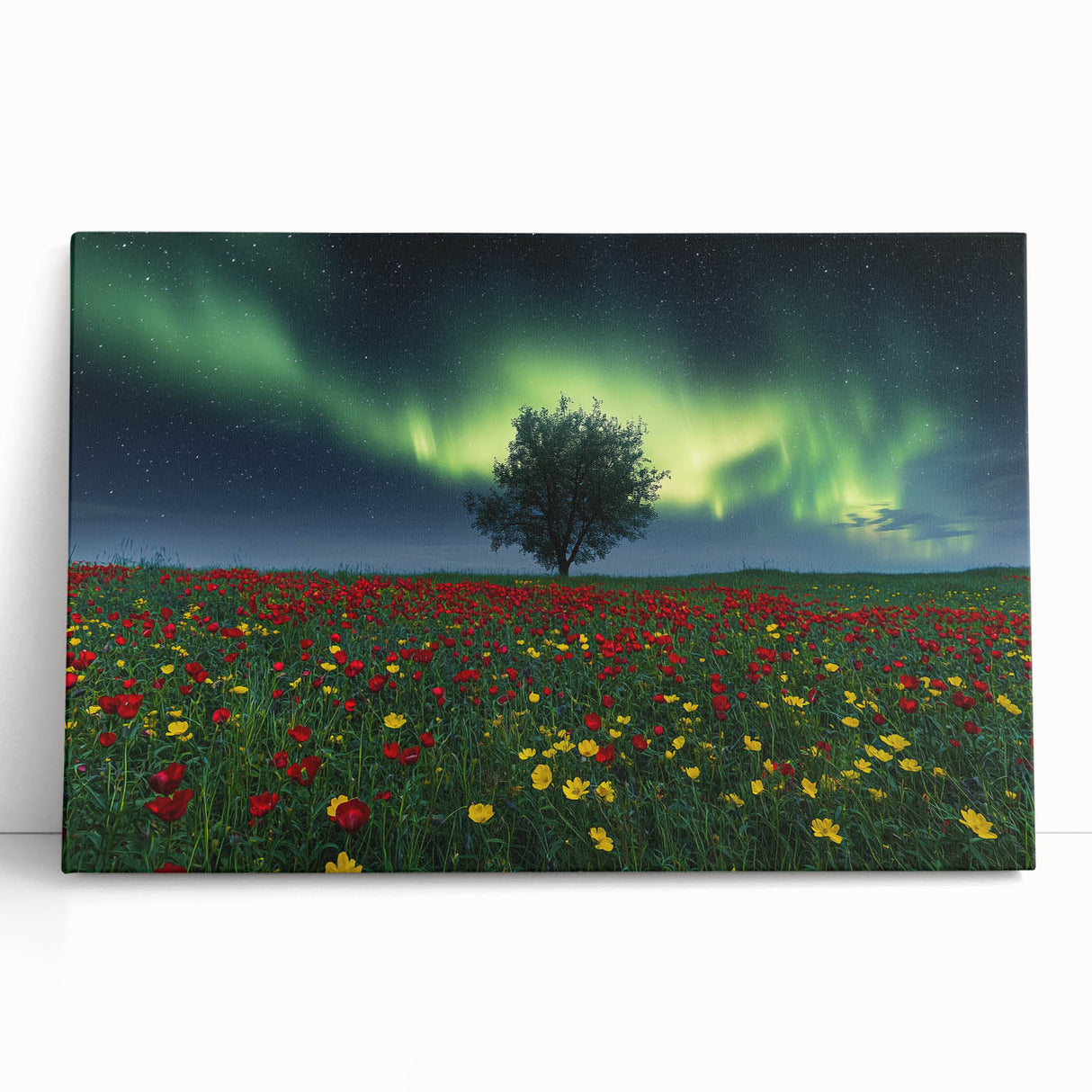 Stretched canvas showcasing a vibrant landscape scene with lush green fields under a clear blue sky, leaning against a rustic wooden wall, perfect for home decor.