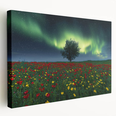 Stretched canvas art piece showcasing a vibrant landscape with lush green fields and a serene blue sky, perfect for enhancing home decor with natural beauty.