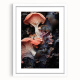 Abstract art print featuring swirling blue and gray tones on a white framed canvas, ideal for modern dining room decor.