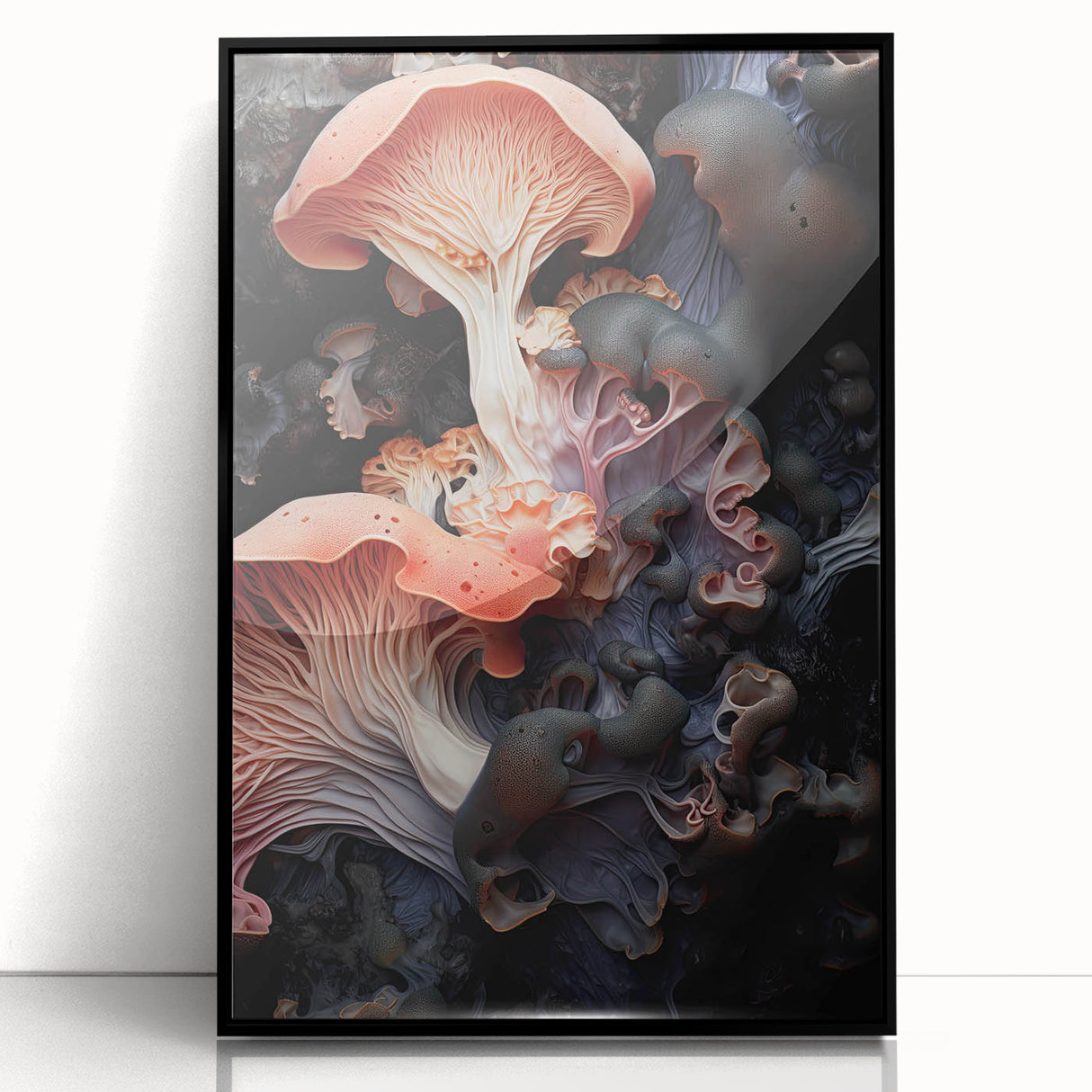 Large abstract wall art on acrylic, featuring black and white organic shapes, framed in black.