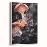 Vintage poster art of natural close-ups, framed canvas in white, ideal for living room decor.