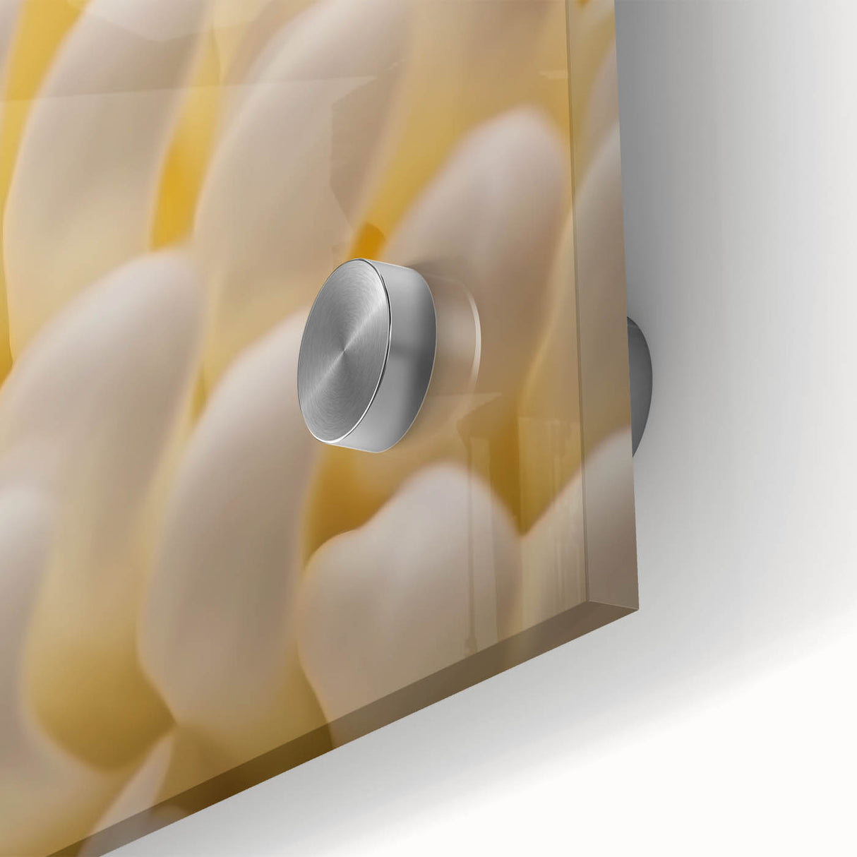 Large abstract floral print in pastel shades on acrylic glass, suitable for dining room art in a mid-century modernist style.