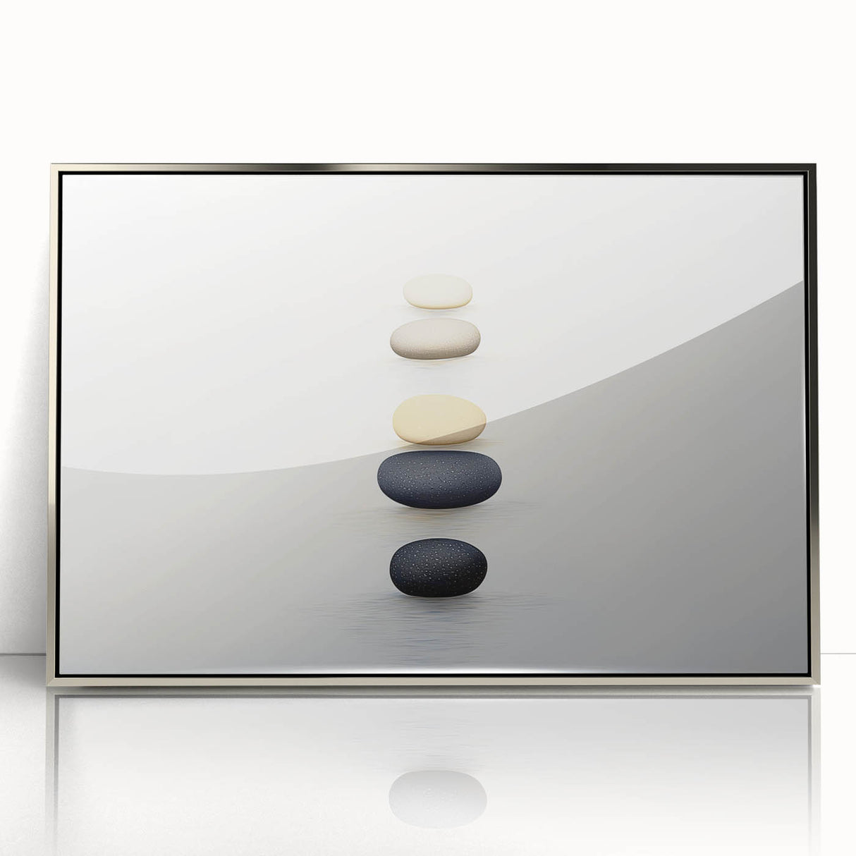 Mid-century modernist art depicting close-up nature elements in muted green and brown, silver-framed acrylic.