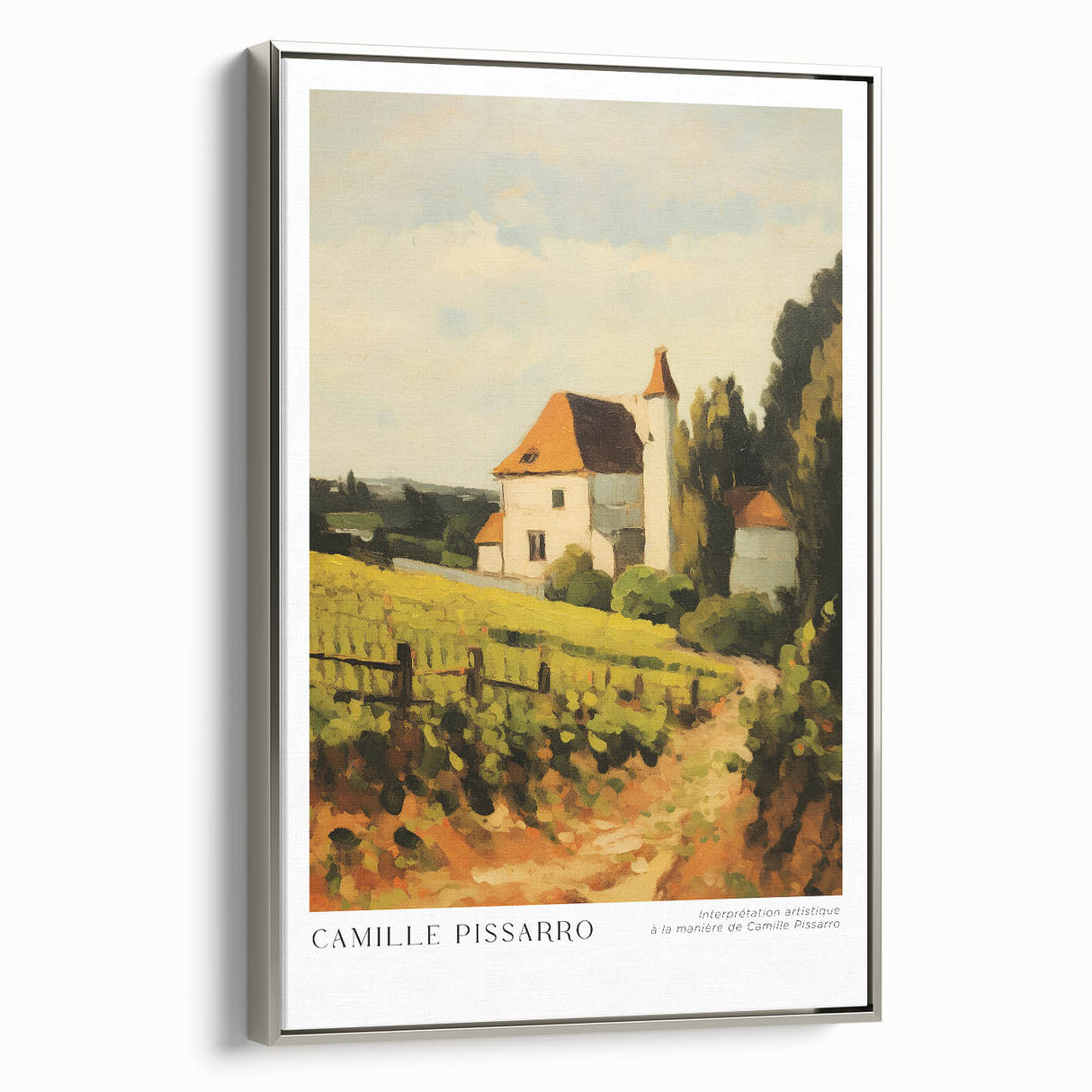Landscape art painting of a rural scene in muted earth tones on a framed canvas, ideal for living room or study decor.