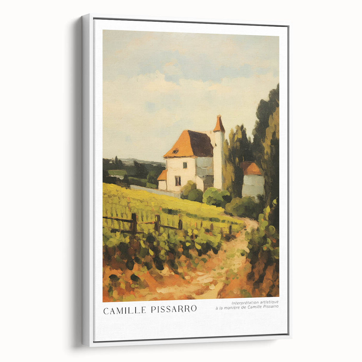 Vintage poster art of Camille Pissarro's painting, with a vivid color palette on a large framed canvas.