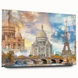 Acrylic print of Paris scenery with muted blue and gray tones, ideal for dining room decor.