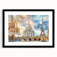 Colorful abstract art print of Paris scenery in vibrant hues on a large textured canvas, framed in black.