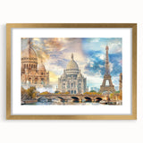 Abstract art print of Paris scenery in muted gold and blue hues on a framed canvas, suitable for dining room decor.