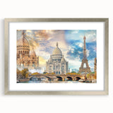 Extra large abstract art print of a Parisian scene in textured grays and blues on a framed canvas.