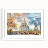 Textured art print of abstract Paris scenery in muted earth tones, framed with a white mat, suitable for bedroom decor.