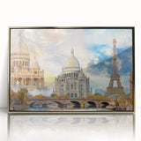 Art deco poster of Paris skyline in muted gold and gray tones on framed acrylic, suited for modern art wall decor.