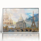 Mid-century modernist art of Paris skyline in muted gray tones on framed acrylic, ideal for modern art wall decor.