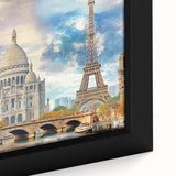 Extra large black wall art featuring a textured Paris scenery in vibrant colors on framed canvas.