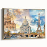Framed canvas of a vintage Paris landscape in muted black and gold tones, ideal for bedroom wall art.
