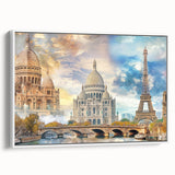 Vintage poster art of a Parisian scene in vibrant colors on extra large framed canvas, ideal for living room decor.
