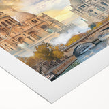 Art deco poster of Paris skyline in muted gray and blue tones on rolled canvas, ideal for dining room wall art.