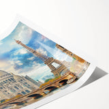 Extra large wall art featuring line art flowers over a Paris scenery backdrop, printed on rolled canvas.