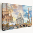 Paris skyline in muted gray and blue tones on a large stretched canvas, ideal for kitchen wall art.