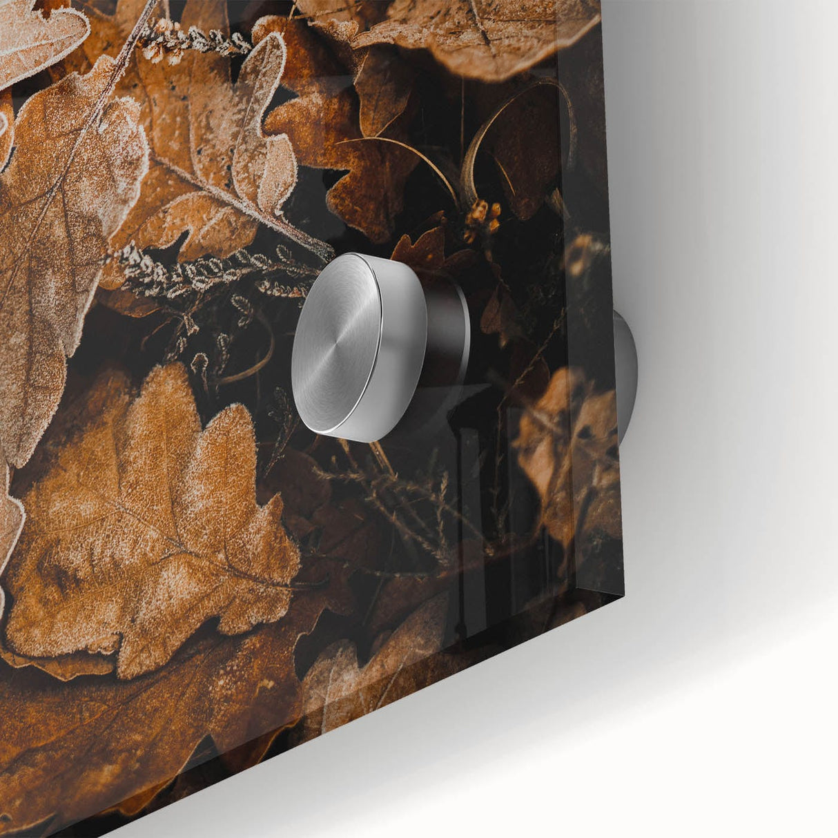 Large abstract wall art in autumn hues on acrylic glass, ideal for dining room ambiance.