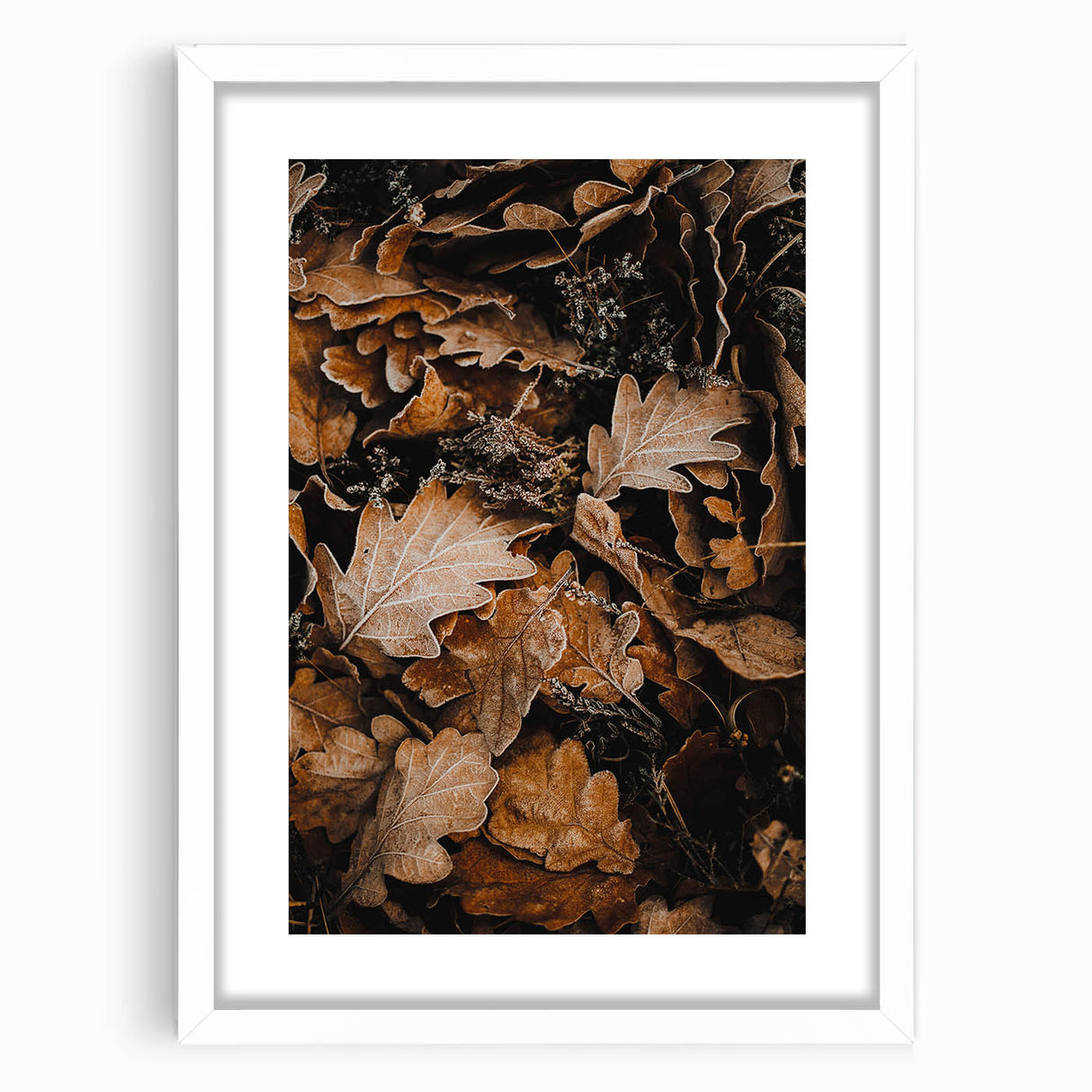 Abstract art print featuring swirling autumnal hues on a white framed canvas, ideal for dining room decor.