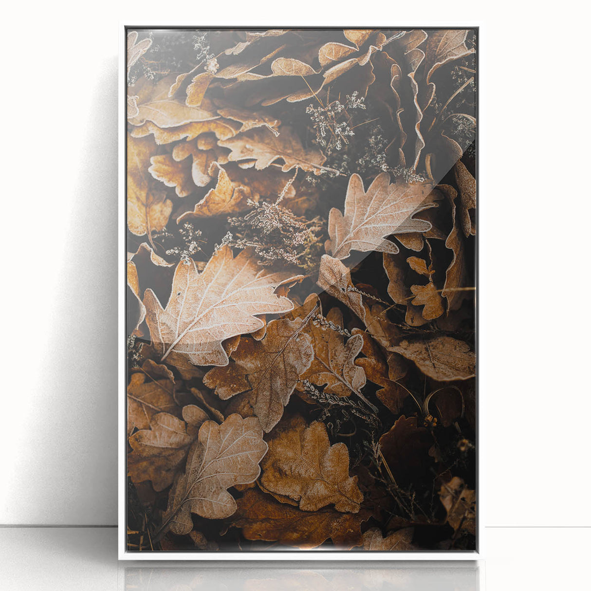 Framed acrylic print of a fall landscape in art deco style, featuring warm autumn colors, ideal for nursery wall art.