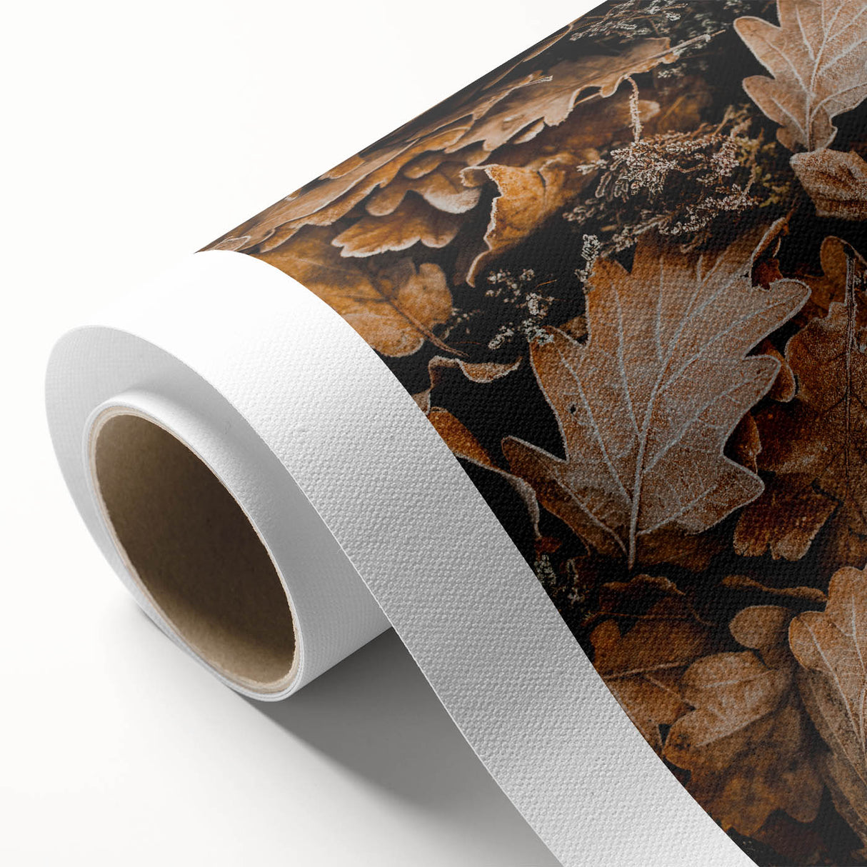 Art deco poster of an autumn landscape on rolled canvas, with rich orange and brown tones, ideal for nursery wall art.