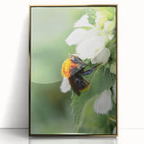 Mid-century modernist spring scene in vibrant green and gold tones, framed acrylic print, suitable for nursery wall art.