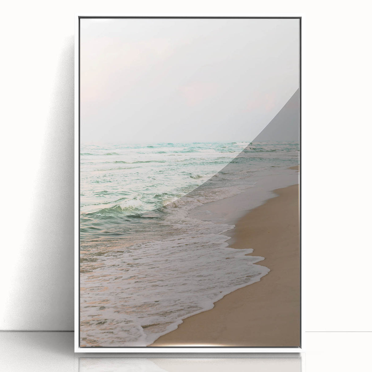 Modern art deco style poster featuring a summer theme in bright yellow and blue tones, acrylic print framed in white.