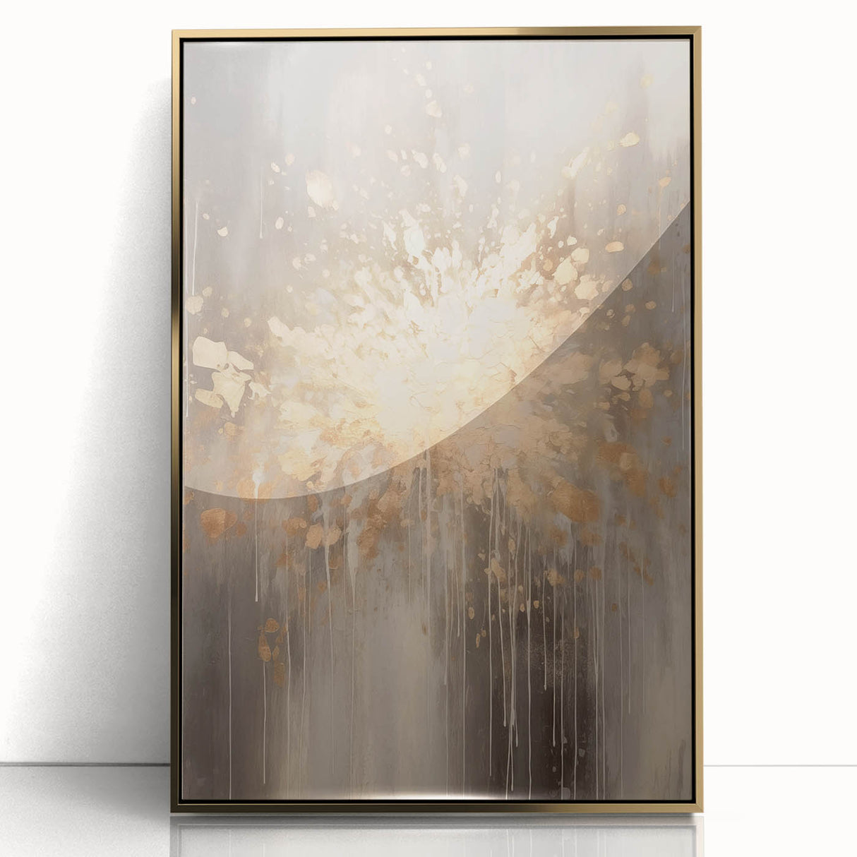 Mid-century modernist winter scene in muted blues and whites, acrylic print framed in gold, suitable for nursery wall art.