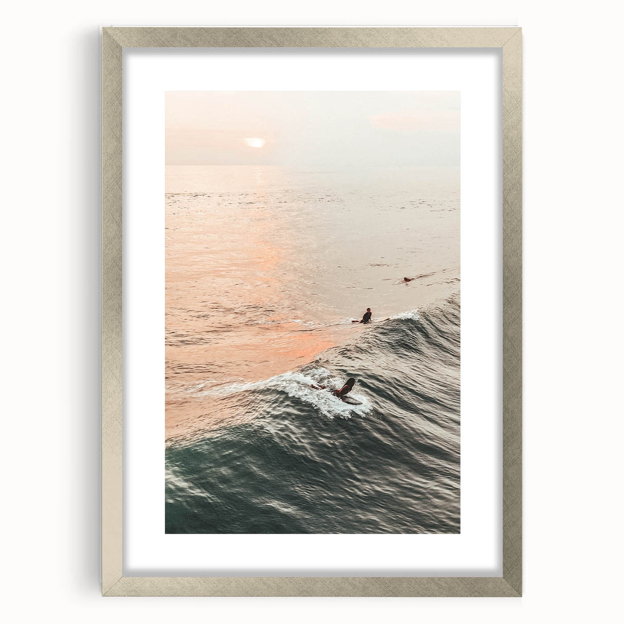Textured abstract art print in muted gray and silver tones on a framed canvas, ideal for modern bedroom ambiance.