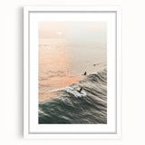 Abstract art print featuring swirling blue and green patterns on a white framed canvas, ideal for dining room decor.