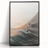 Large abstract wall art in mid-century modernist style, featuring swirls of orange and teal on a black acrylic frame.