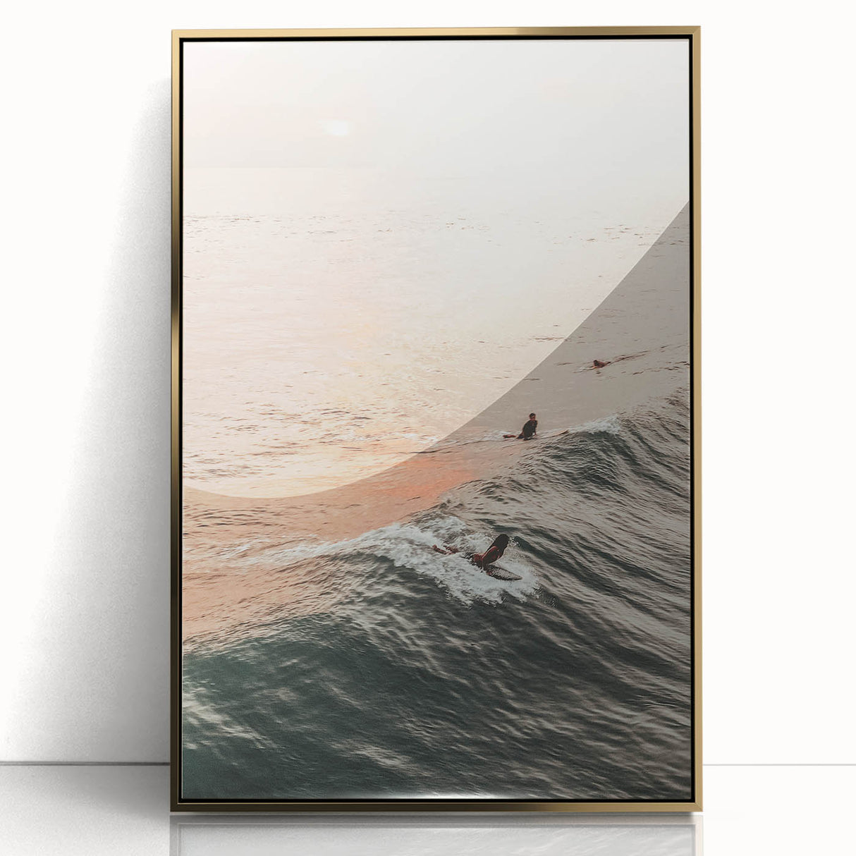 Large art print of a mid-century modernist abstract design in gold and white tones on acrylic.