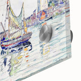 Modern Wall Art: Coastal Harbor Scene with Vibrant Boats and Architecture