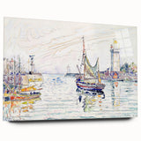 Modern Wall Art: Coastal Harbor Scene with Vibrant Boats and Architecture